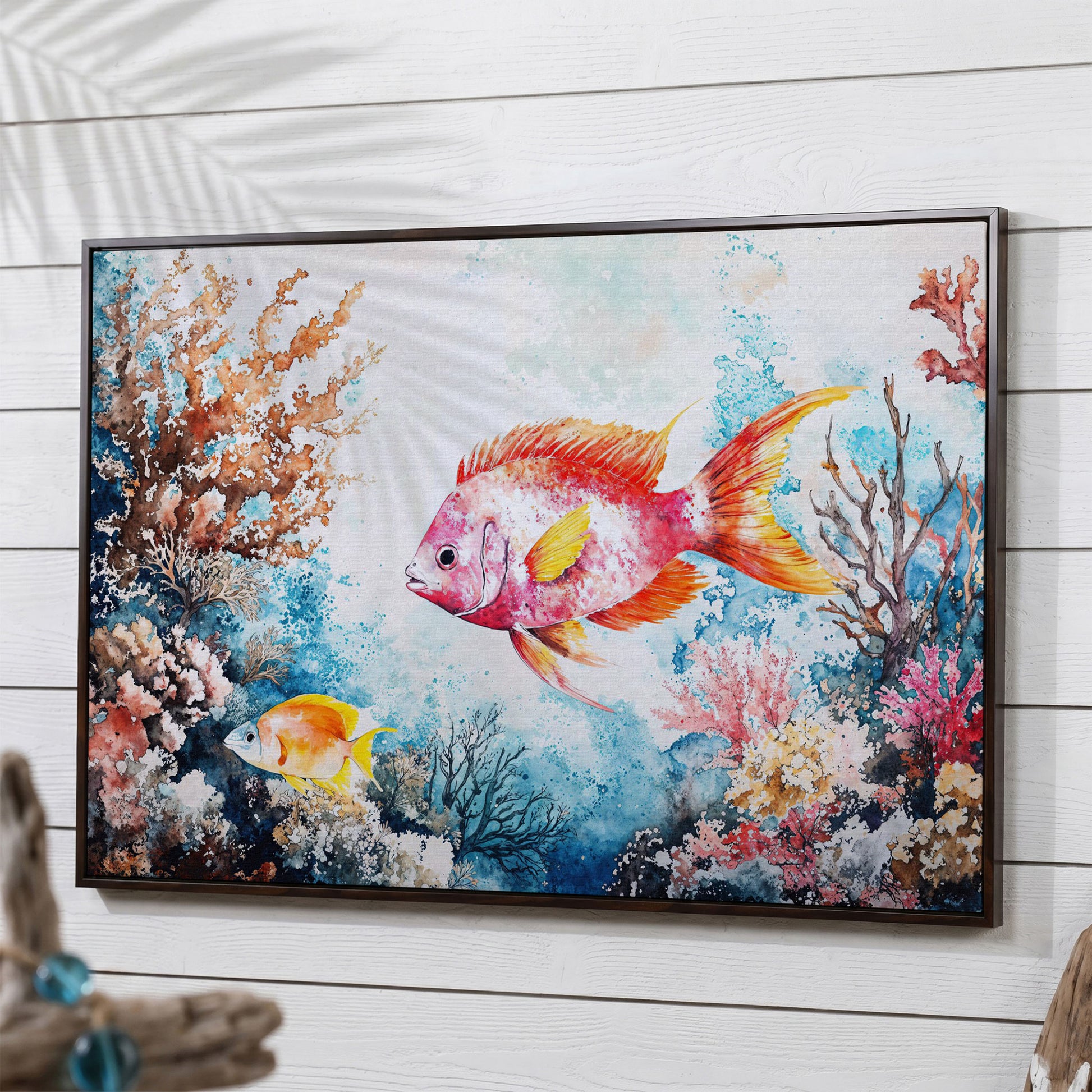Coral Reef Canvas Art with Swimming Tropical Fish, Up to 94 Inches in dark walnut floating frame