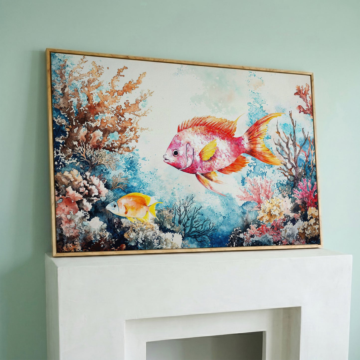 Coral Reef Canvas Art with Swimming Tropical Fish, Up to 94 Inches in white oak floating frame