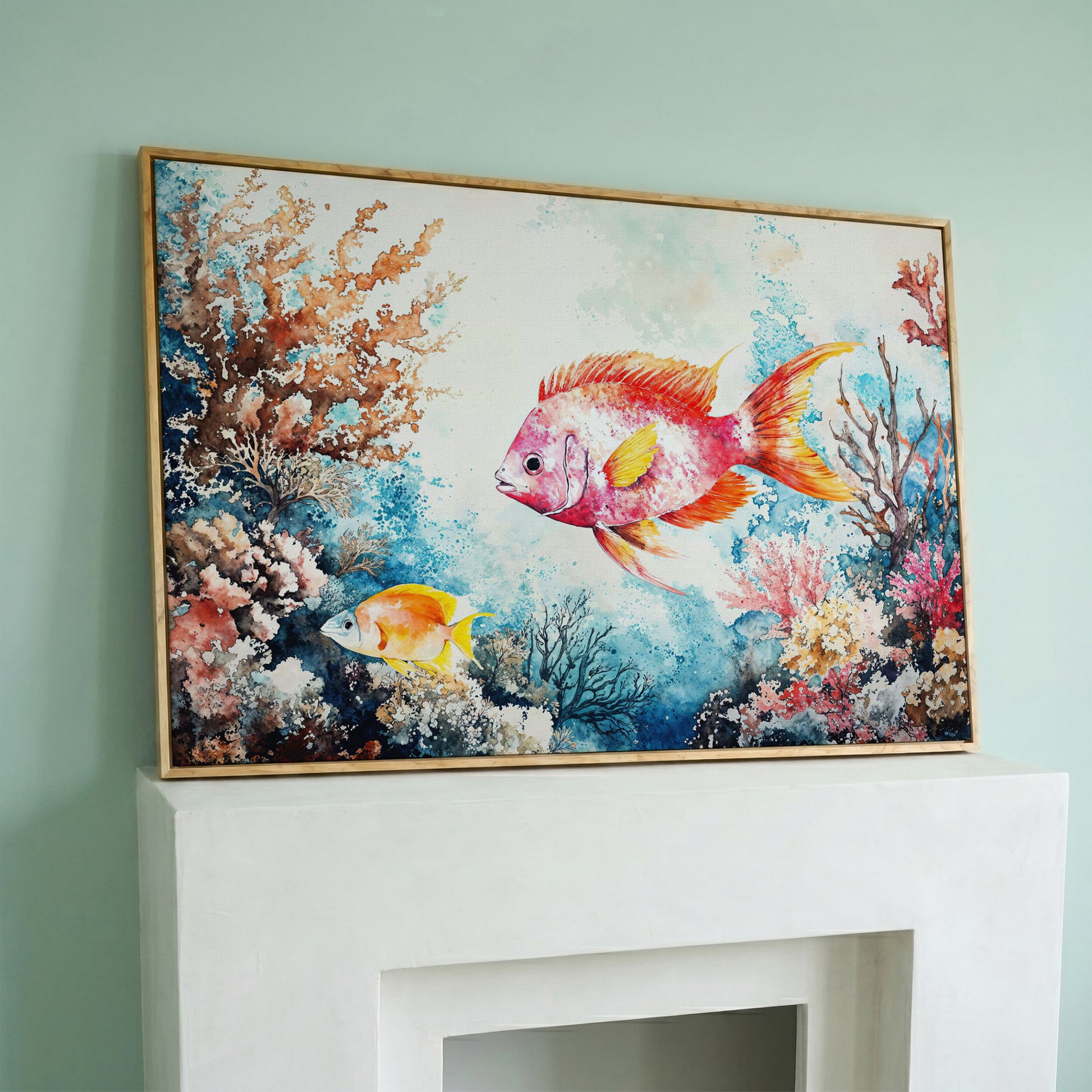 Coral Reef Canvas Art with Swimming Tropical Fish, Up to 94 Inches in white oak floating frame