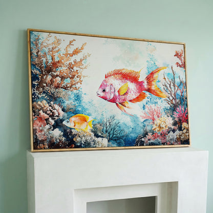 Coral Reef Canvas Art with Swimming Tropical Fish, Up to 94 Inches in white oak floating frame