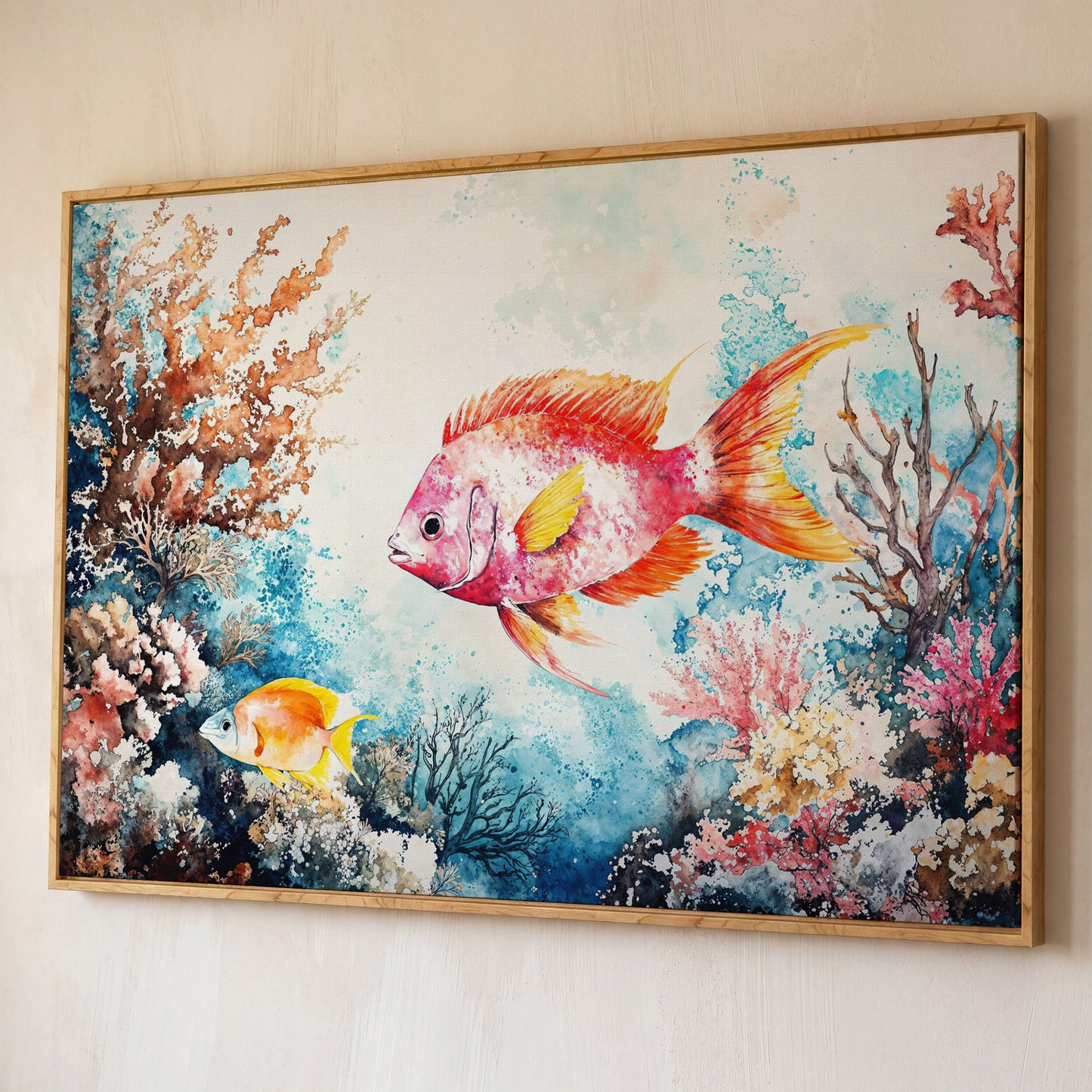 Coral Reef Canvas Art with Swimming Tropical Fish, Up to 94 Inches shown in white oak floating frame