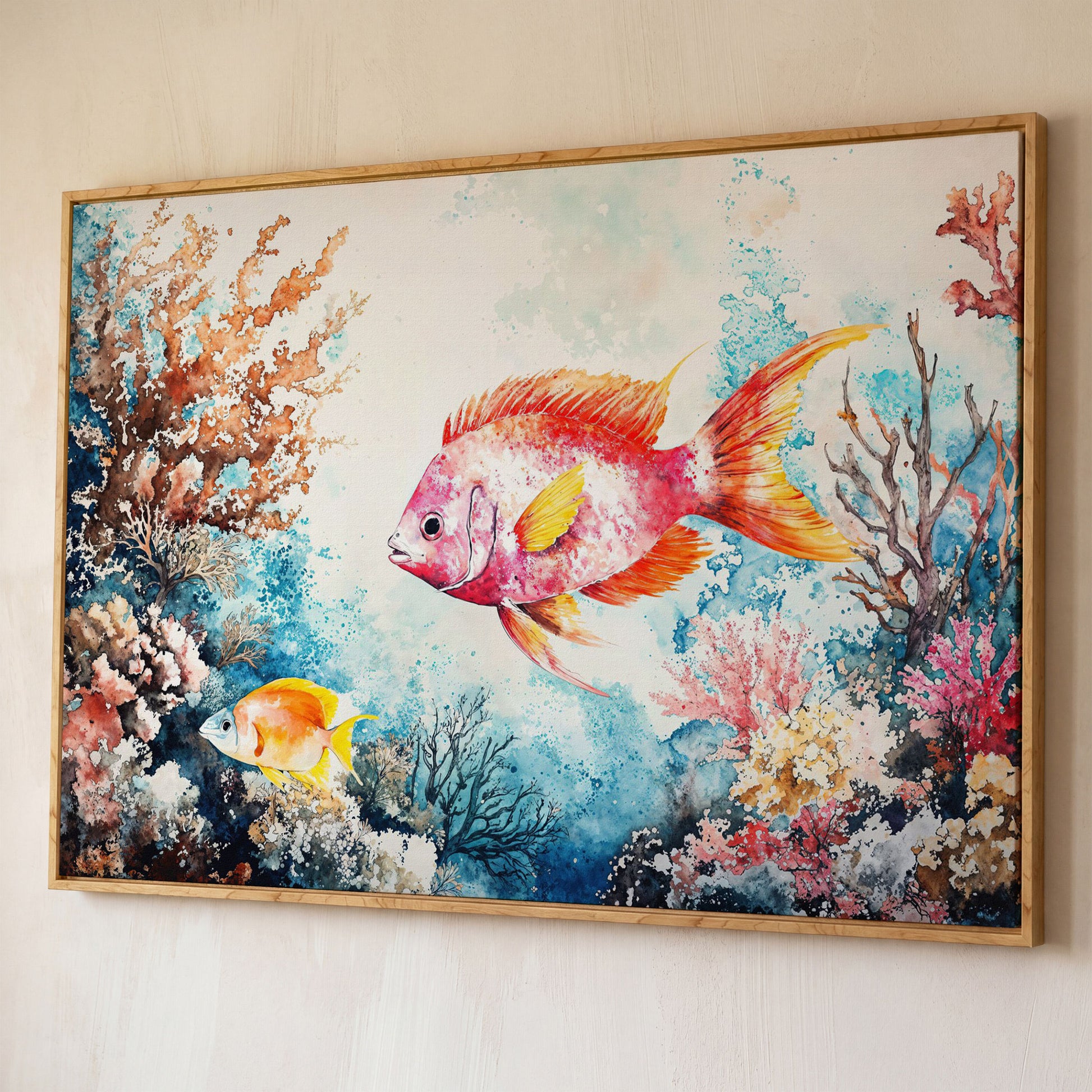 Coral Reef Canvas Art with Swimming Tropical Fish, Up to 94 Inches shown in white oak floating frame