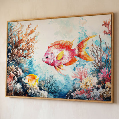 Coral Reef Canvas Art with Swimming Tropical Fish, Up to 94 Inches shown in white oak floating frame