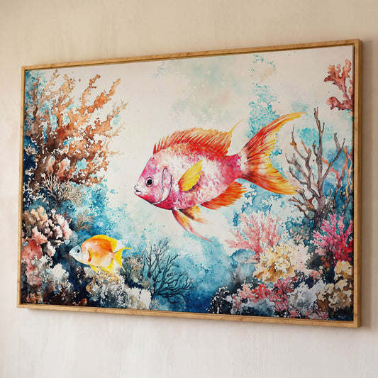 Coral Reef Canvas Art with Swimming Tropical Fish, Up to 94 Inches shown in white oak floating frame