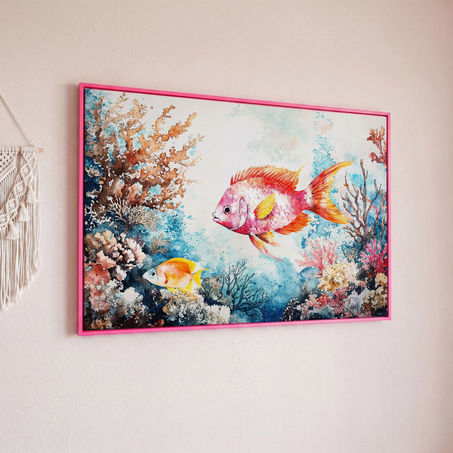 Coral Reef Canvas Art with Swimming Tropical Fish, Up to 94 Inches in pink floating frame