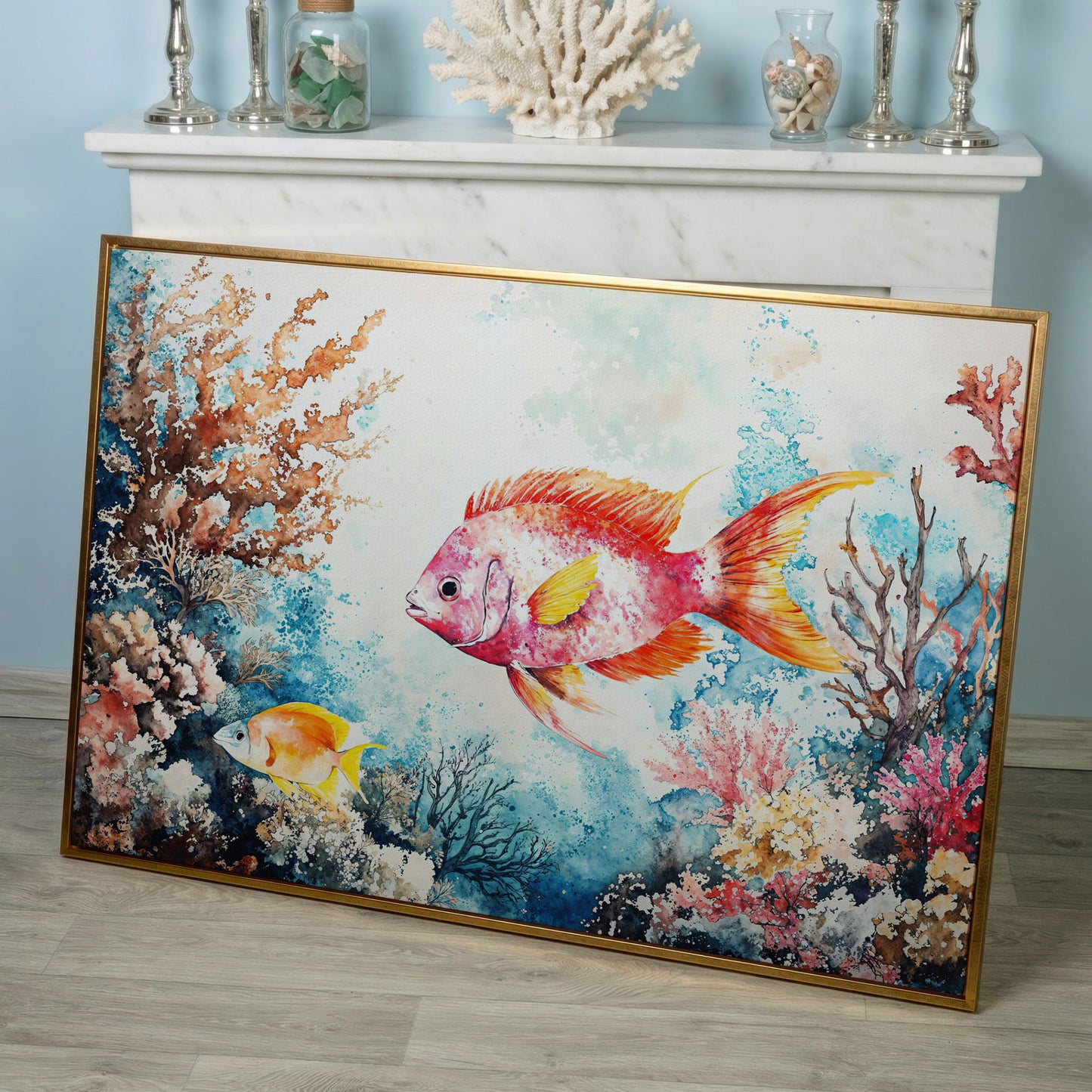 Coral Reef Canvas Art with Swimming Tropical Fish, Up to 94 Inches in rose gold floating frame