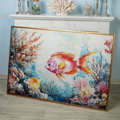 Coral Reef Canvas Art with Swimming Tropical Fish, Up to 94 Inches in rose gold floating frame