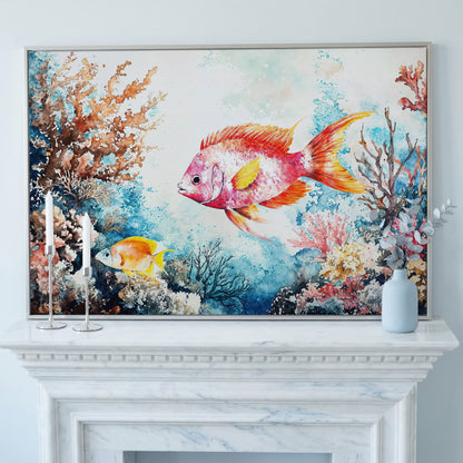 Coral Reef Canvas Art with Swimming Tropical Fish, Up to 94 Inches in silver floating frame