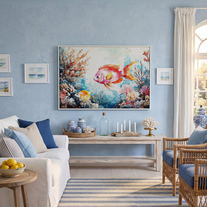 Coral Reef Canvas Art with Swimming Tropical Fish, Up to 94 Inches in white floating frame
