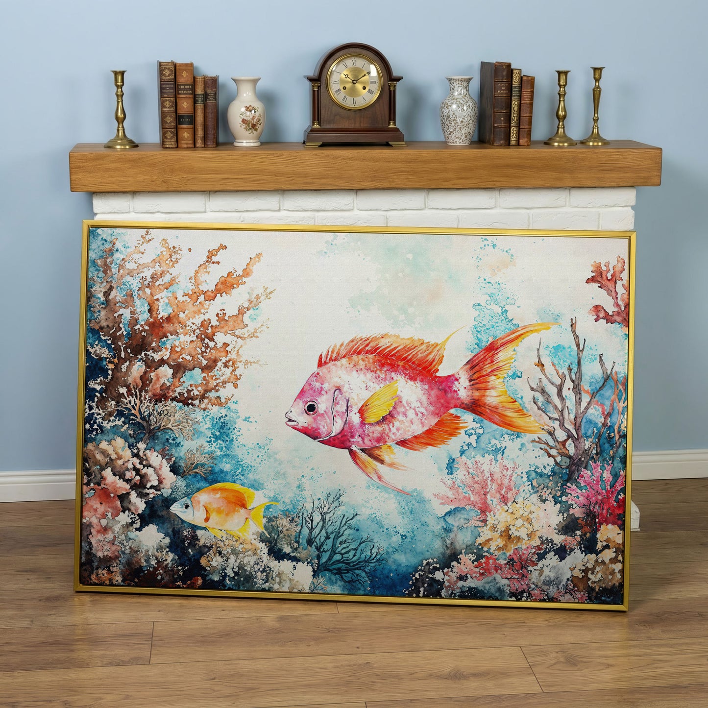 Coral Reef Canvas Art with Swimming Tropical Fish, Up to 94 Inches in yellow gold floating frame