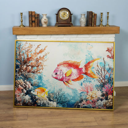 Coral Reef Canvas Art with Swimming Tropical Fish, Up to 94 Inches in yellow gold floating frame