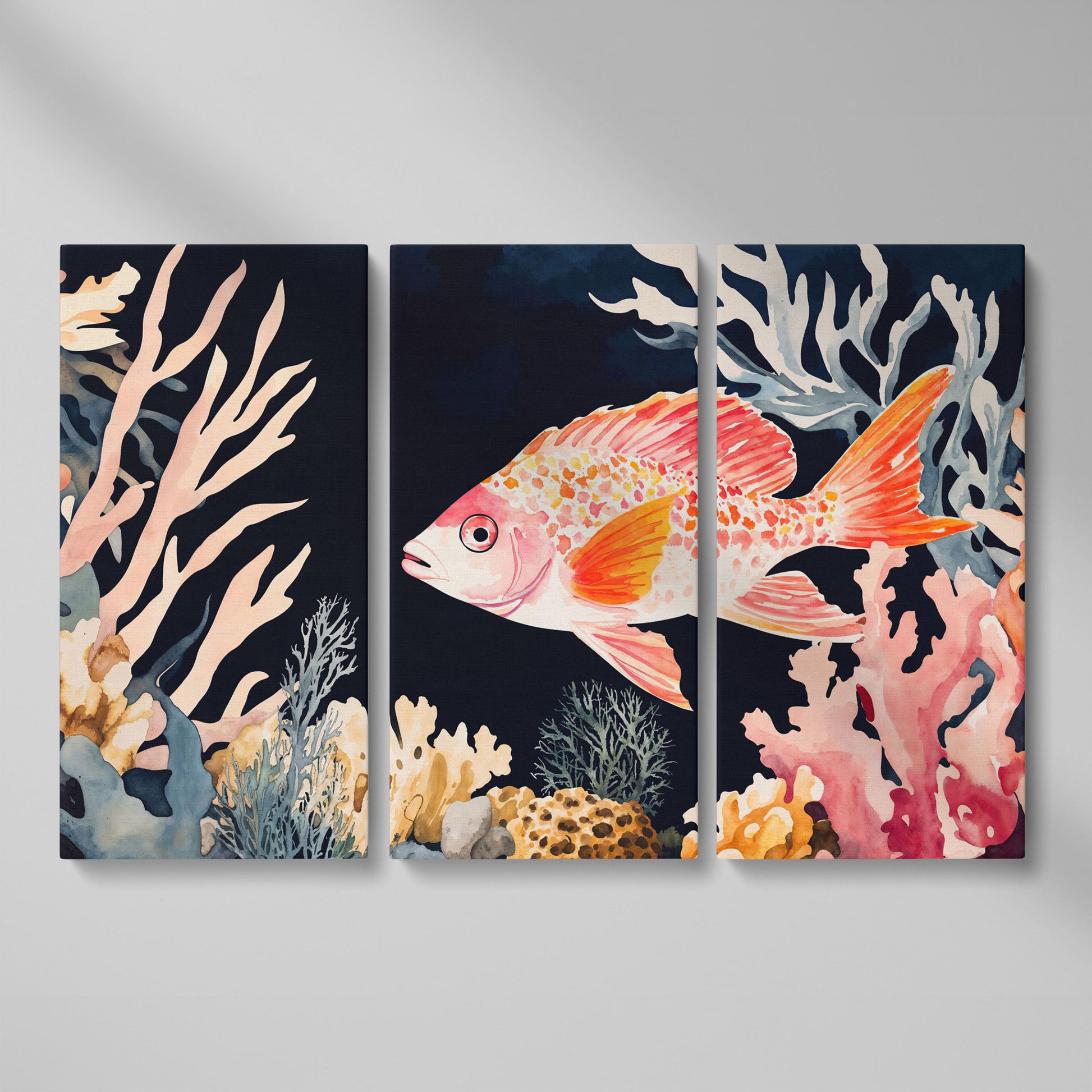 Colorful Coral Reef Fish Canvas Wall Art, Whimsical Ocean Scene as 3-panel split version
