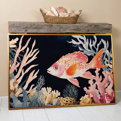 Colorful Coral Reef Fish Canvas Wall Art, Whimsical Ocean Scene in antique gold floating frame