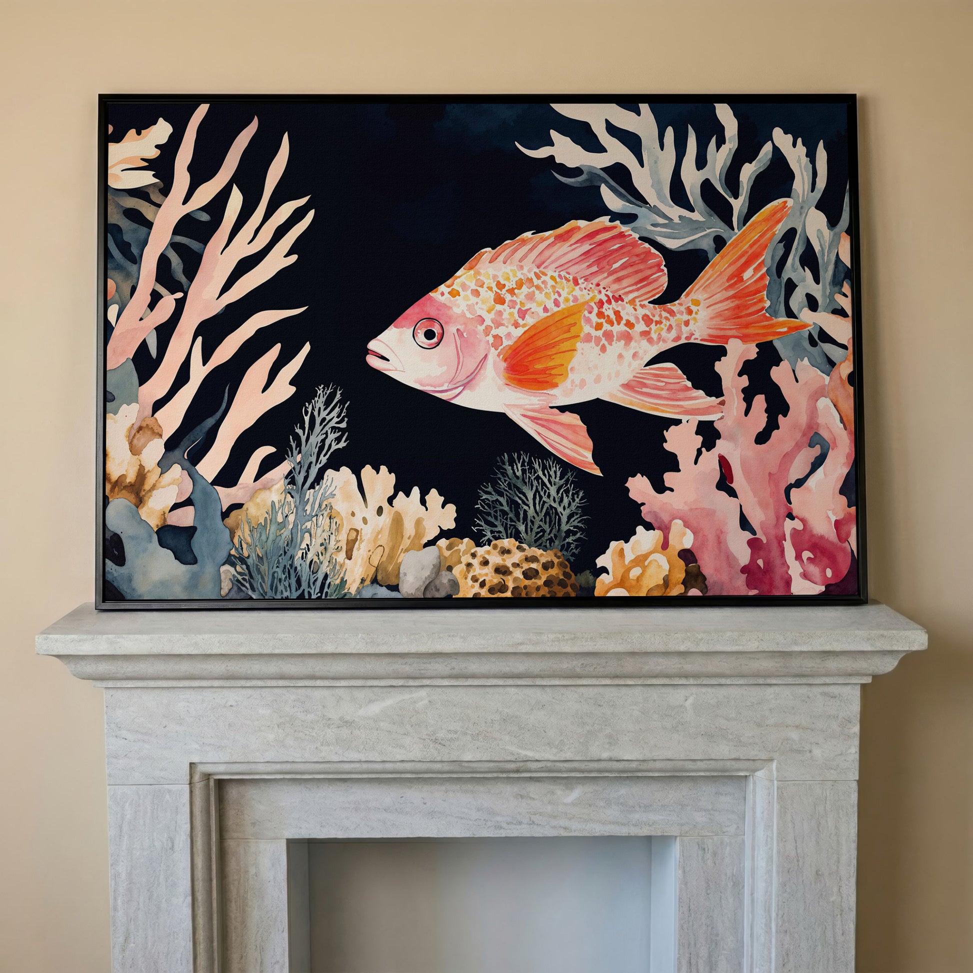 Colorful Coral Reef Fish Canvas Wall Art, Whimsical Ocean Scene in black floating frame