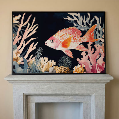 Colorful Coral Reef Fish Canvas Wall Art, Whimsical Ocean Scene in black floating frame