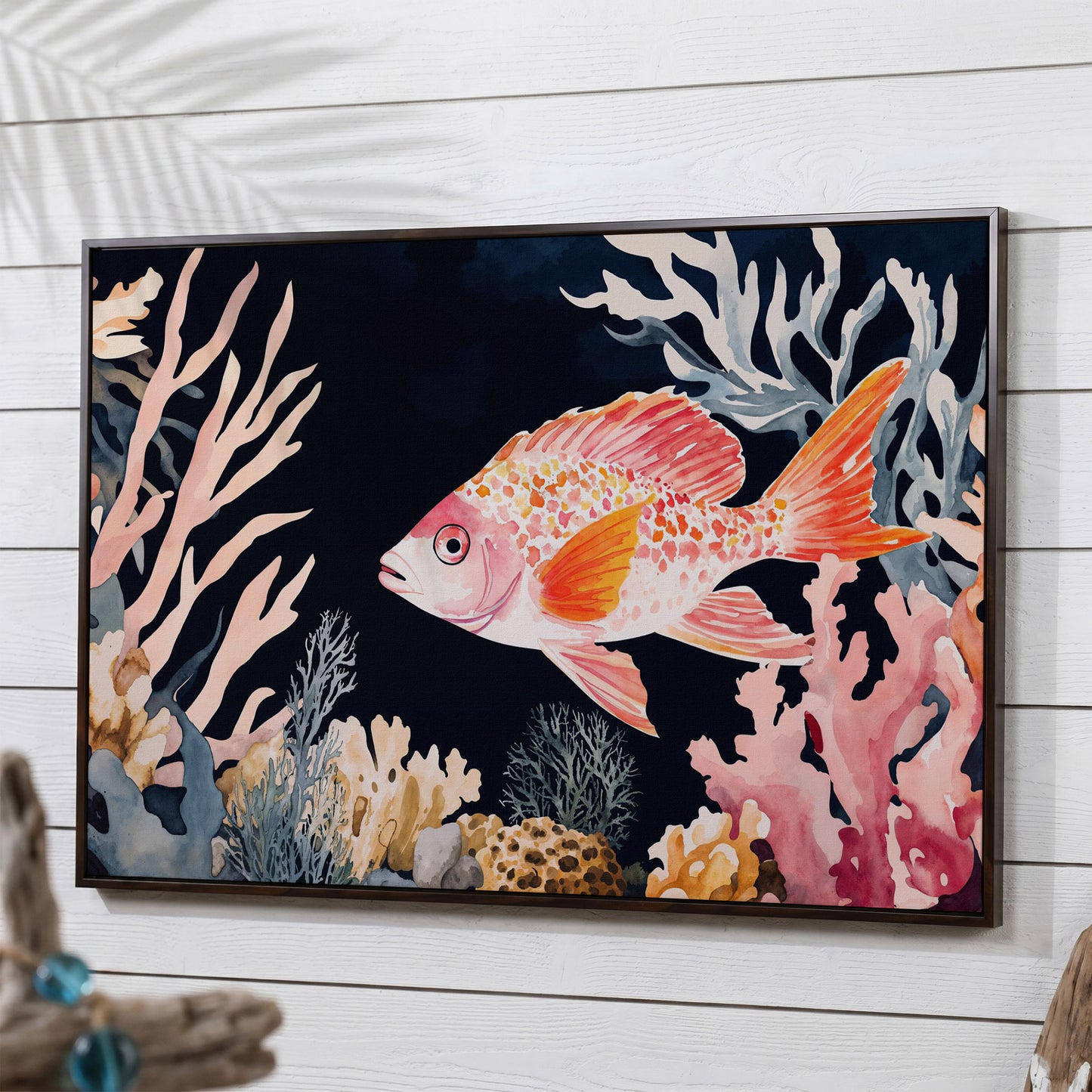 Colorful Coral Reef Fish Canvas Wall Art, Whimsical Ocean Scene in dark walnut floating frame