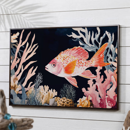 Colorful Coral Reef Fish Canvas Wall Art, Whimsical Ocean Scene in dark walnut floating frame