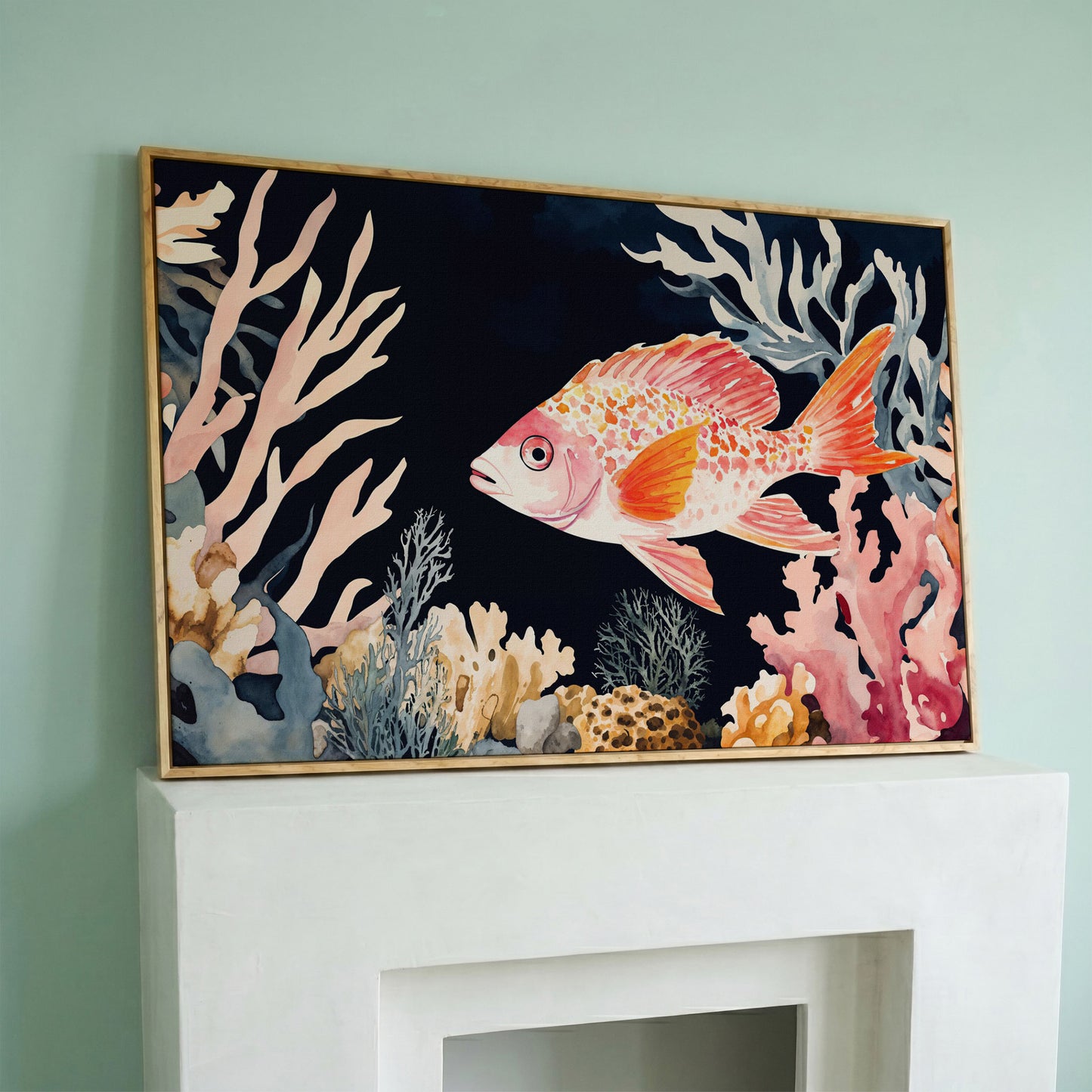 Colorful Coral Reef Fish Canvas Wall Art, Whimsical Ocean Scene in white oak floating frame