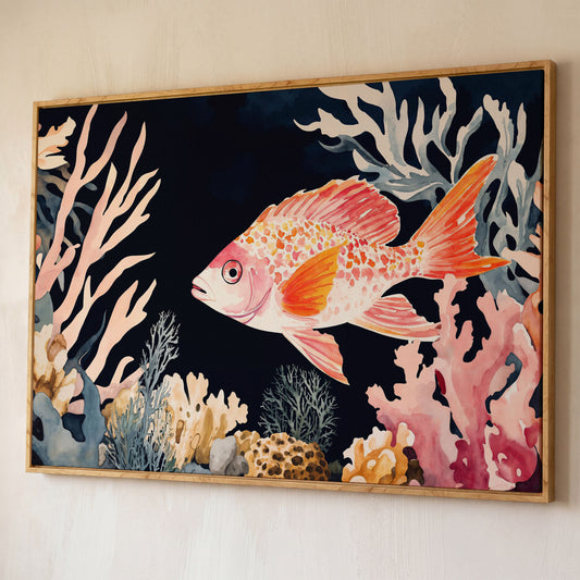Colorful Coral Reef Fish Canvas Wall Art, Whimsical Ocean Scene shown in white oak floating frame