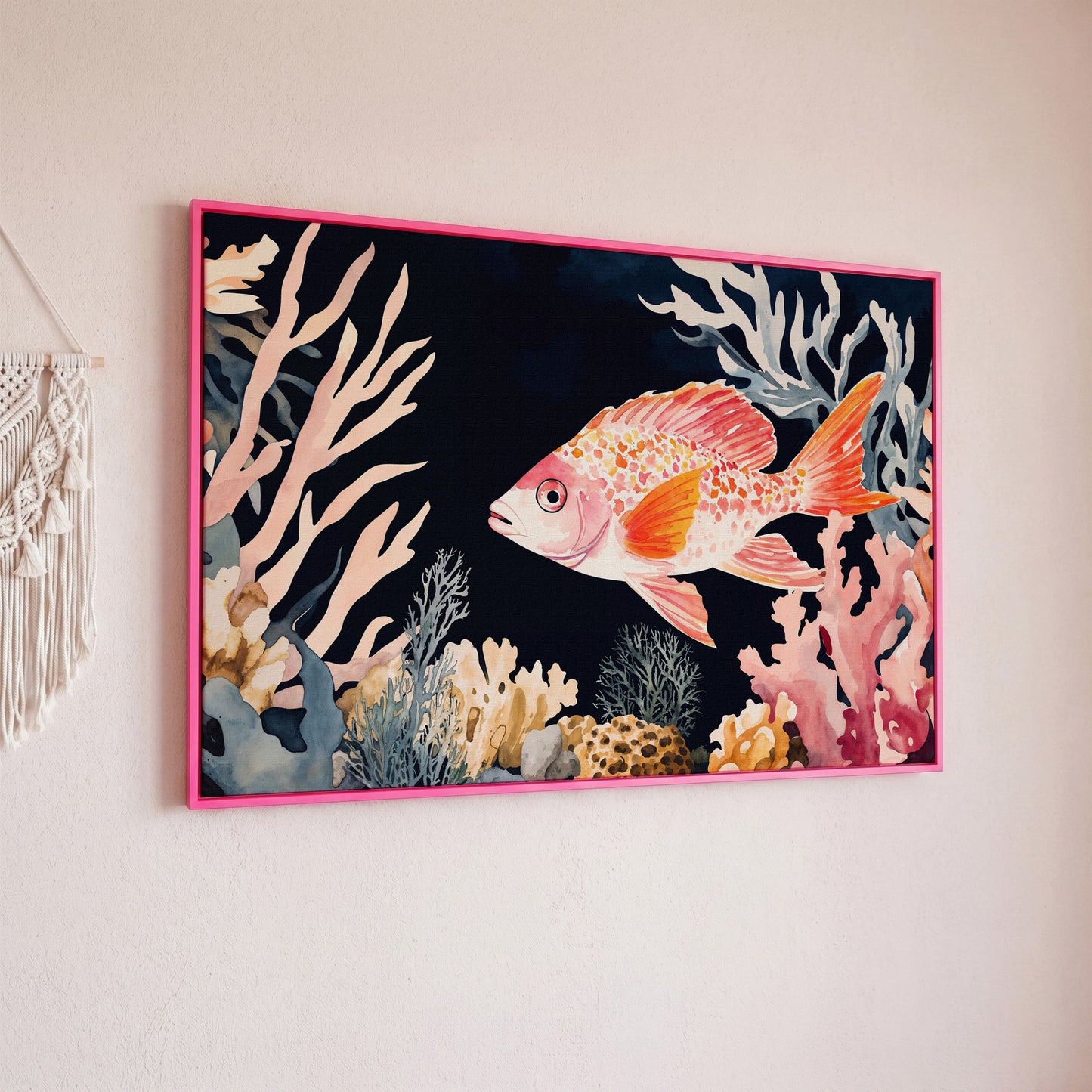 Colorful Coral Reef Fish Canvas Wall Art, Whimsical Ocean Scene in pink floating frame