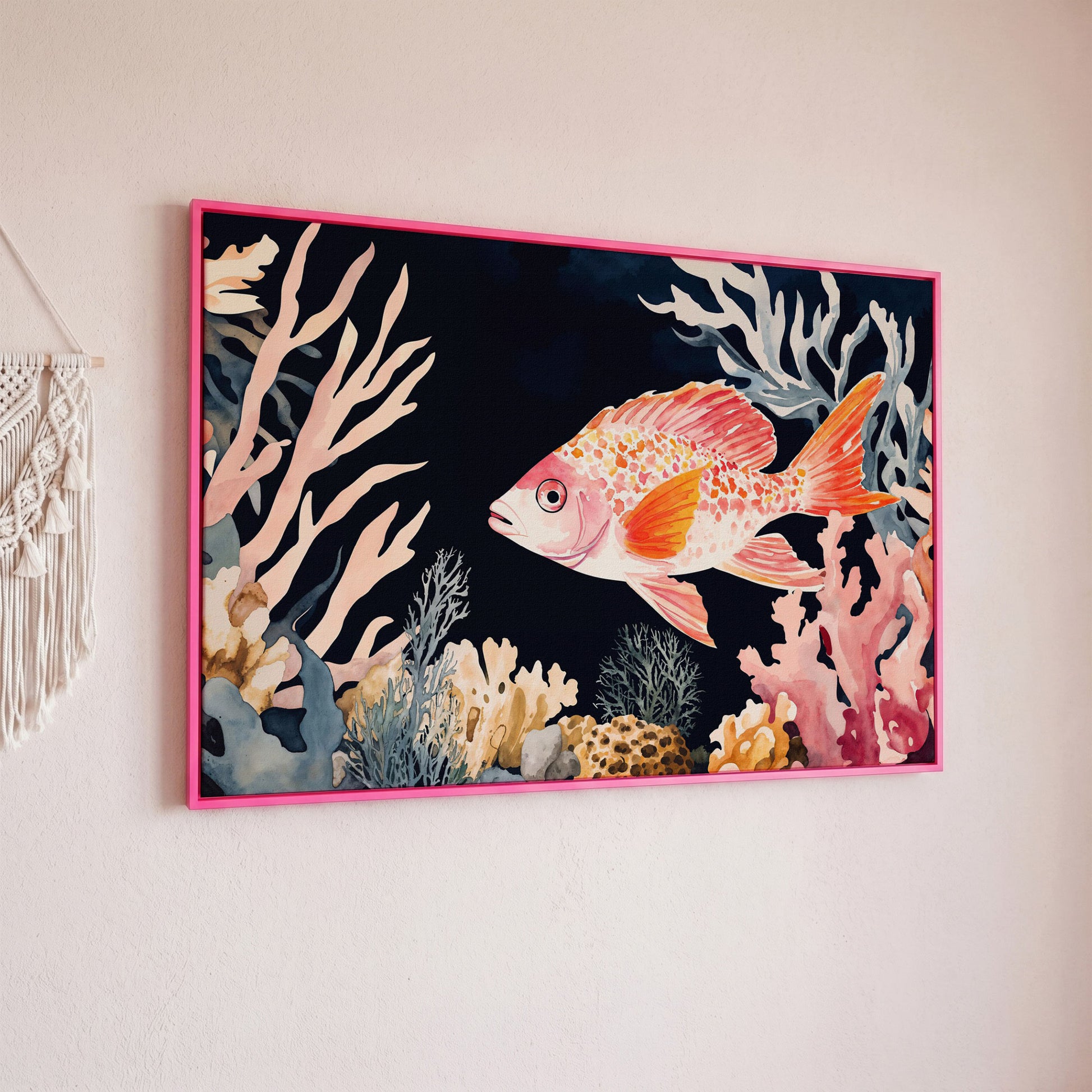 Colorful Coral Reef Fish Canvas Wall Art, Whimsical Ocean Scene in pink floating frame