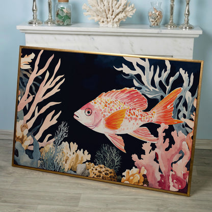 Colorful Coral Reef Fish Canvas Wall Art, Whimsical Ocean Scene in rose gold floating frame