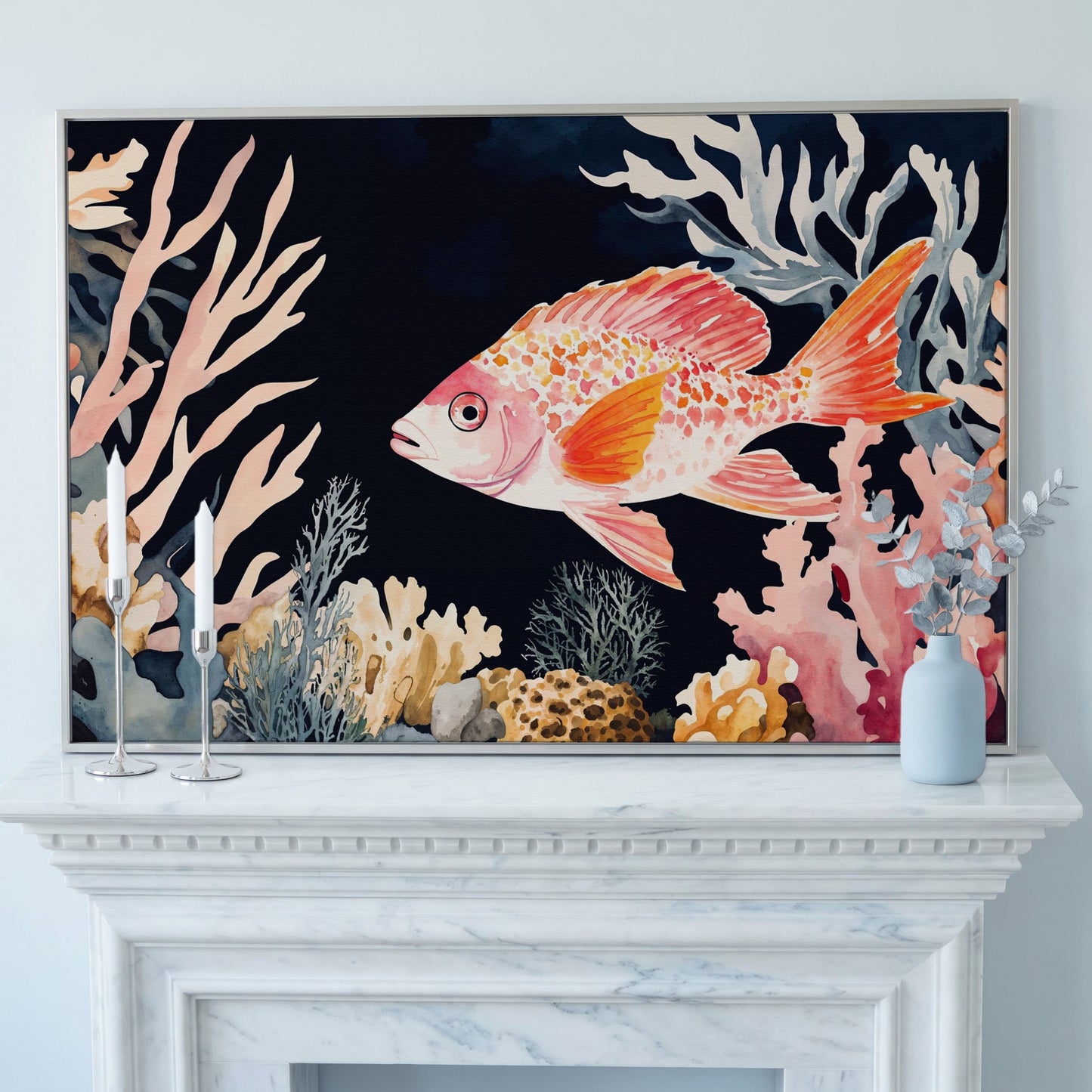 Colorful Coral Reef Fish Canvas Wall Art, Whimsical Ocean Scene in silver floating frame