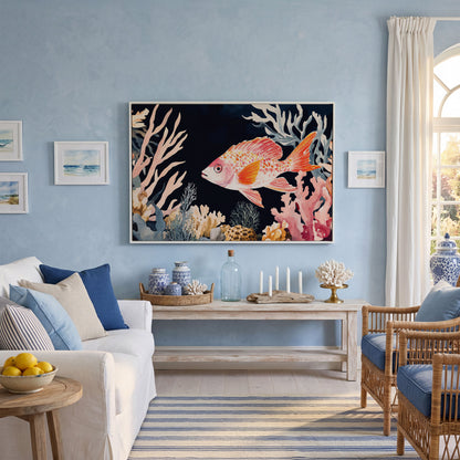 Colorful Coral Reef Fish Canvas Wall Art, Whimsical Ocean Scene in white floating frame
