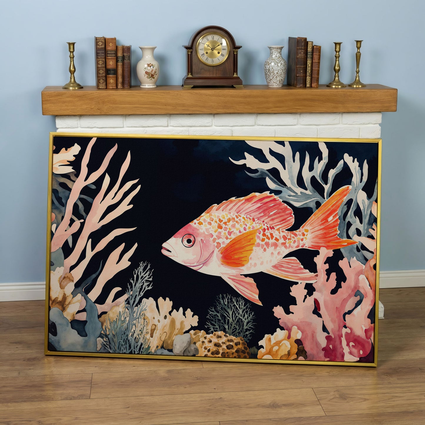 Colorful Coral Reef Fish Canvas Wall Art, Whimsical Ocean Scene in yellow gold floating frame