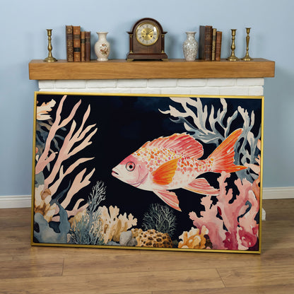 Colorful Coral Reef Fish Canvas Wall Art, Whimsical Ocean Scene in yellow gold floating frame