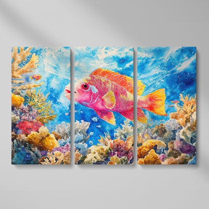 Tropical Fish and Coral Underwater Canvas Wall Art as 3-panel split version
