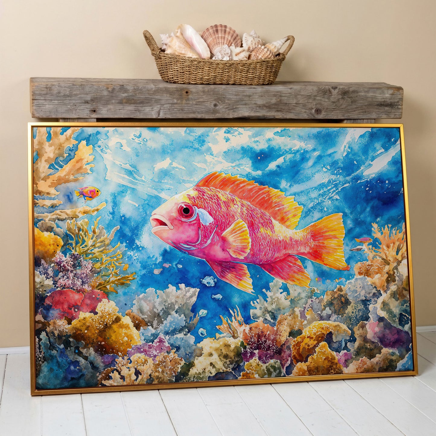 Tropical Fish and Coral Underwater Canvas Wall Art in antique gold floating frame