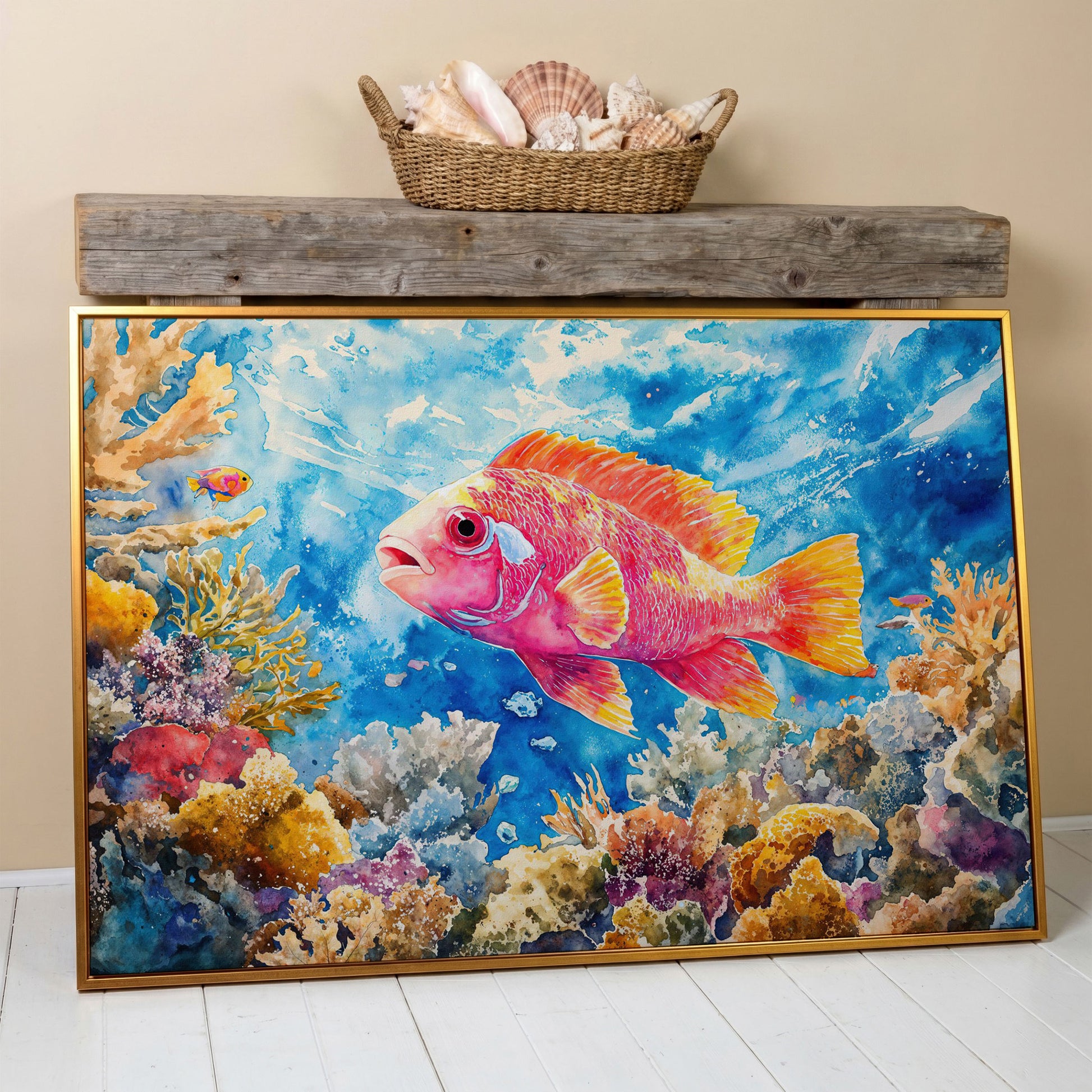 Tropical Fish and Coral Underwater Canvas Wall Art in antique gold floating frame