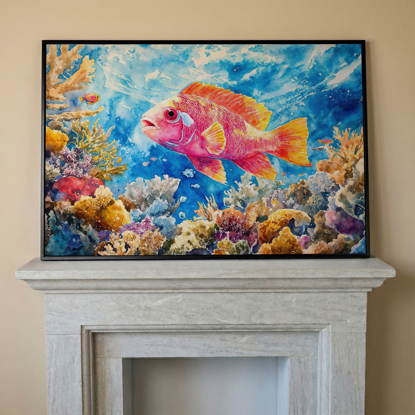 Tropical Fish and Coral Underwater Canvas Wall Art in black floating frame