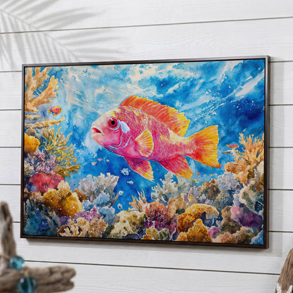 Tropical Fish and Coral Underwater Canvas Wall Art in dark walnut floating frame