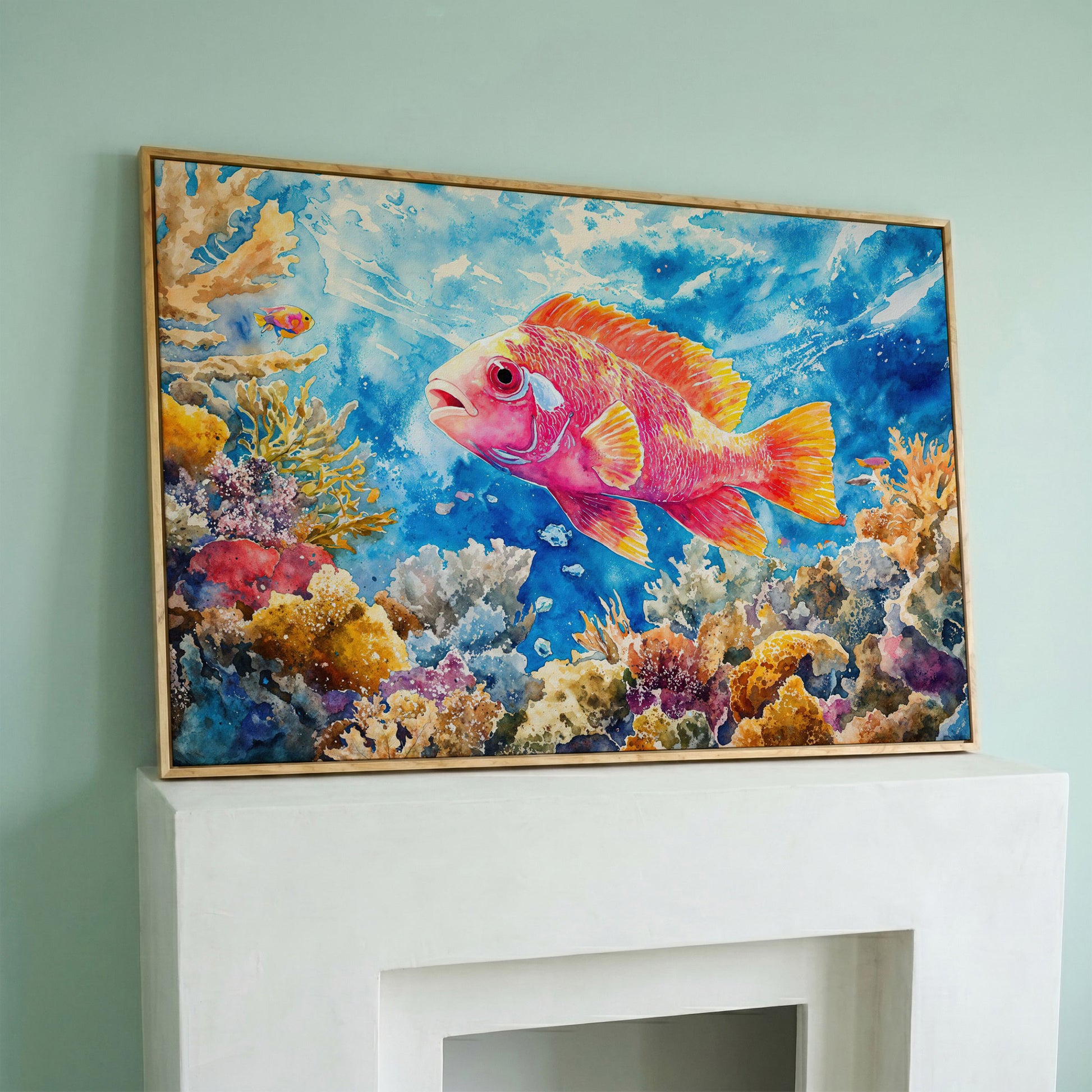 Tropical Fish and Coral Underwater Canvas Wall Art in white oak floating frame
