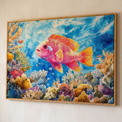 Tropical Fish and Coral Underwater Canvas Wall Art shown in white oak floating frame
