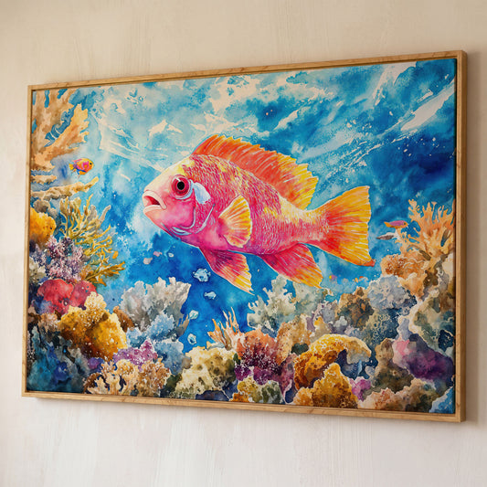 Tropical Fish and Coral Underwater Canvas Wall Art shown in white oak floating frame
