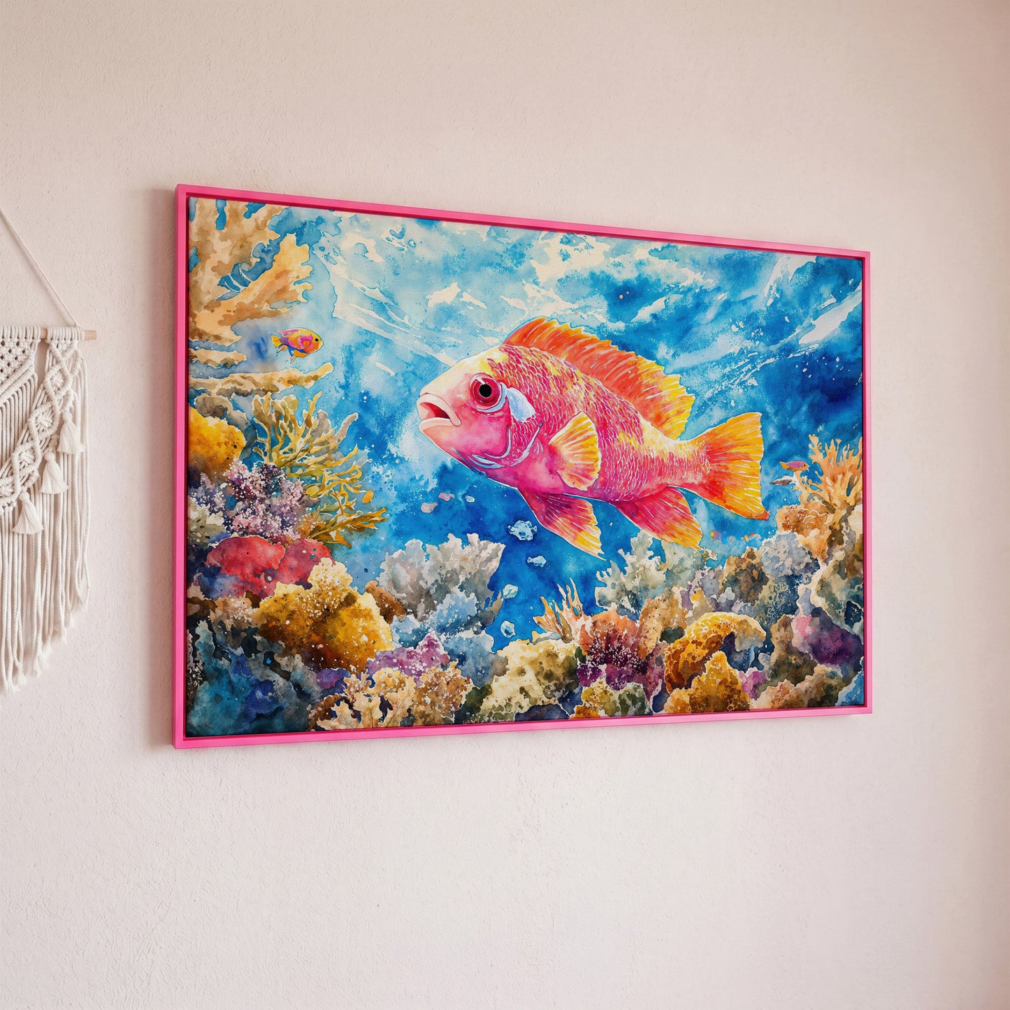 Tropical Fish and Coral Underwater Canvas Wall Art in pink floating frame
