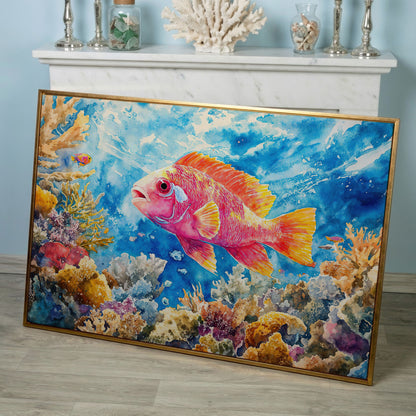 Tropical Fish and Coral Underwater Canvas Wall Art in rose gold floating frame