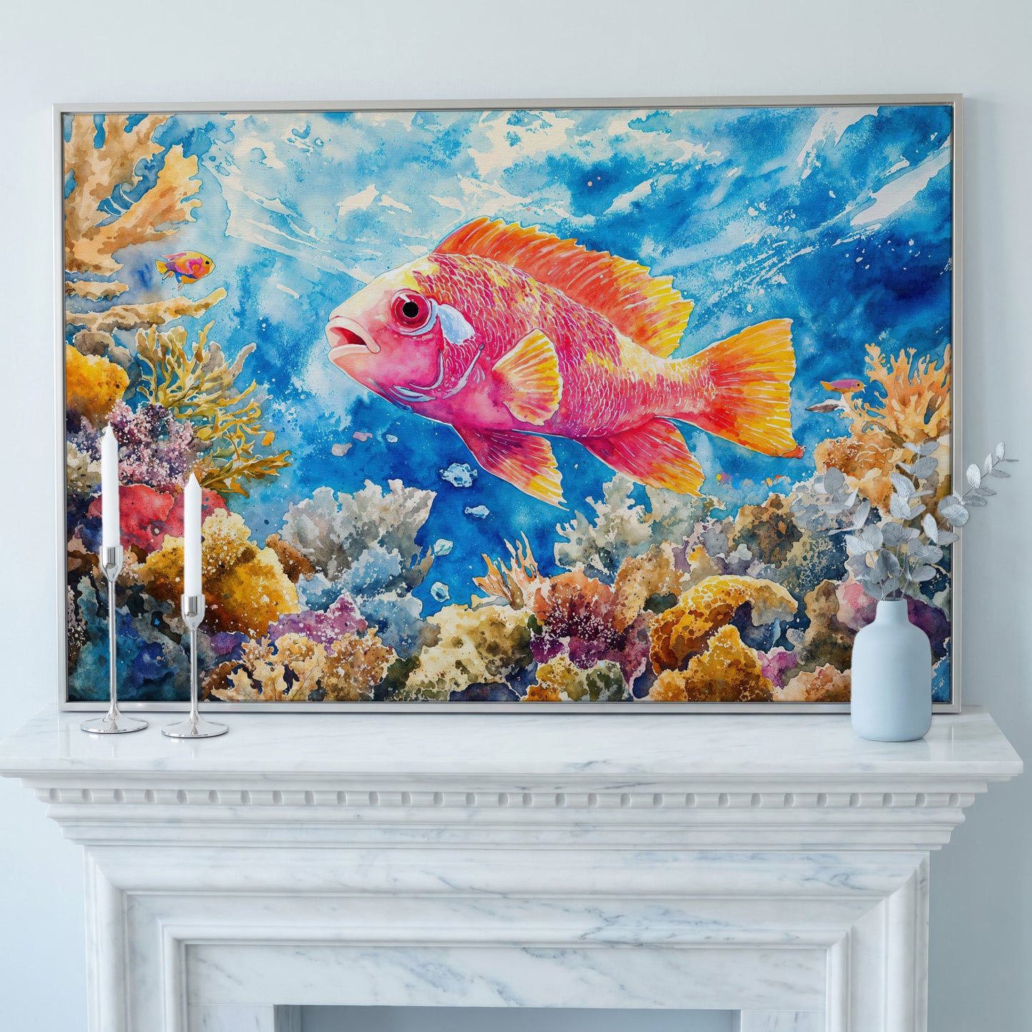 Tropical Fish and Coral Underwater Canvas Wall Art in silver floating frame