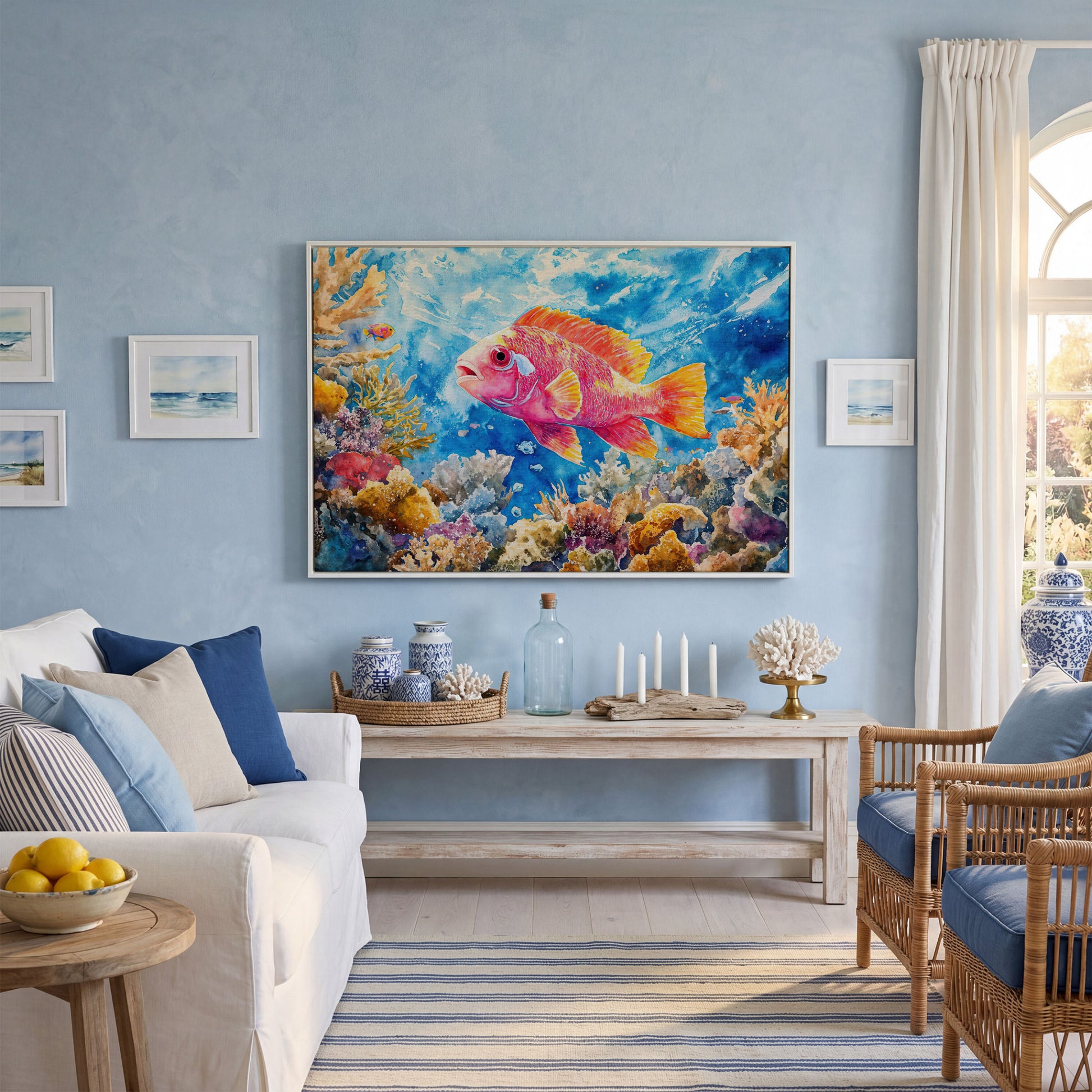 Tropical Fish and Coral Underwater Canvas Wall Art in white floating frame