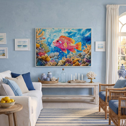 Tropical Fish and Coral Underwater Canvas Wall Art in white floating frame