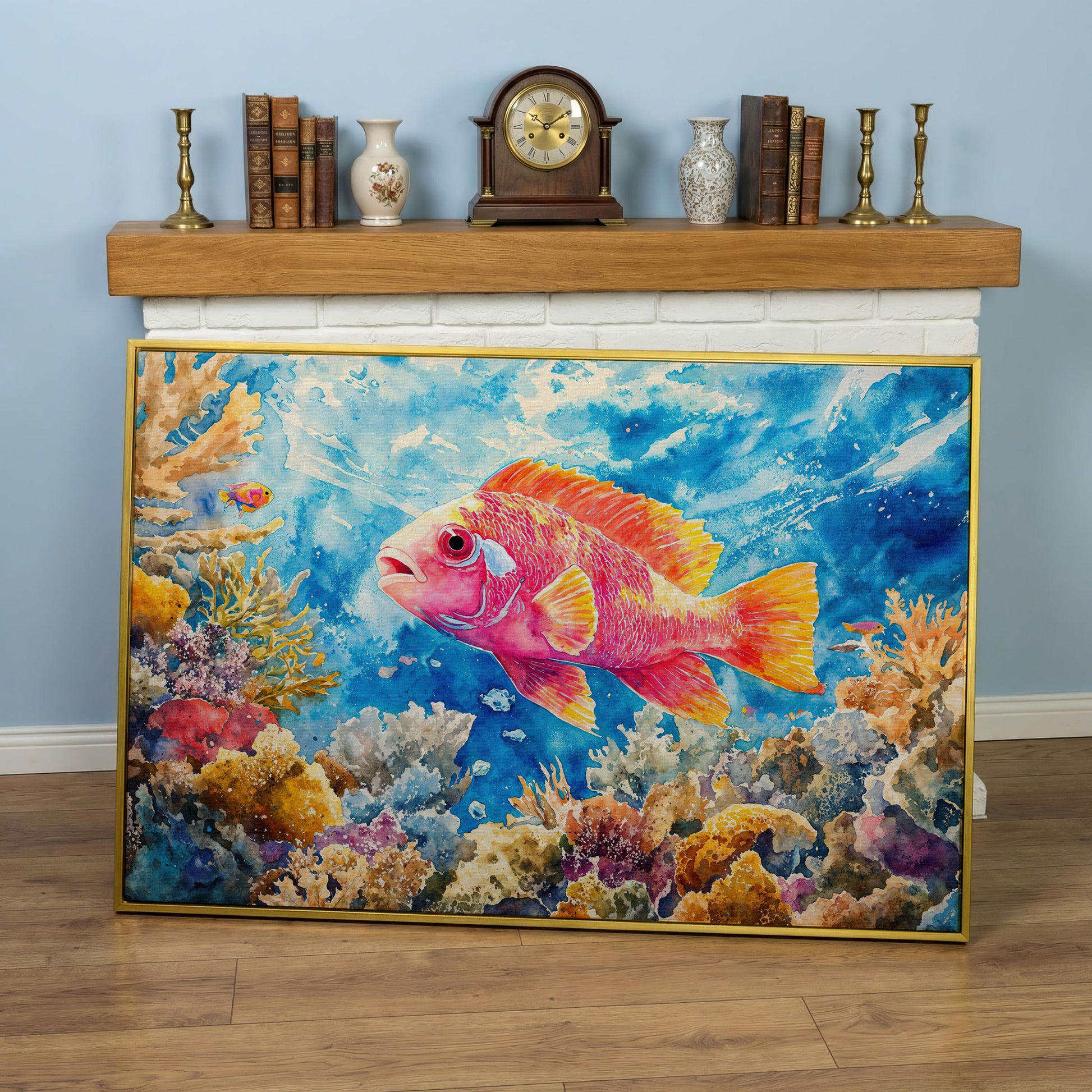 Tropical Fish and Coral Underwater Canvas Wall Art in yellow gold floating frame