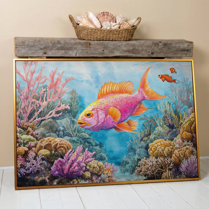 Tropical Fish and Coral Reef Underwater Canvas Wall Art in antique gold floating frame