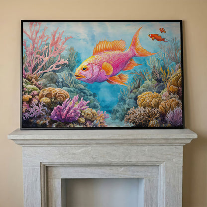 Tropical Fish and Coral Reef Underwater Canvas Wall Art in black floating frame