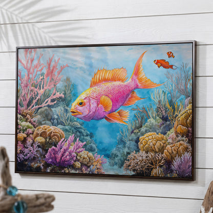 Tropical Fish and Coral Reef Underwater Canvas Wall Art in dark walnut floating frame