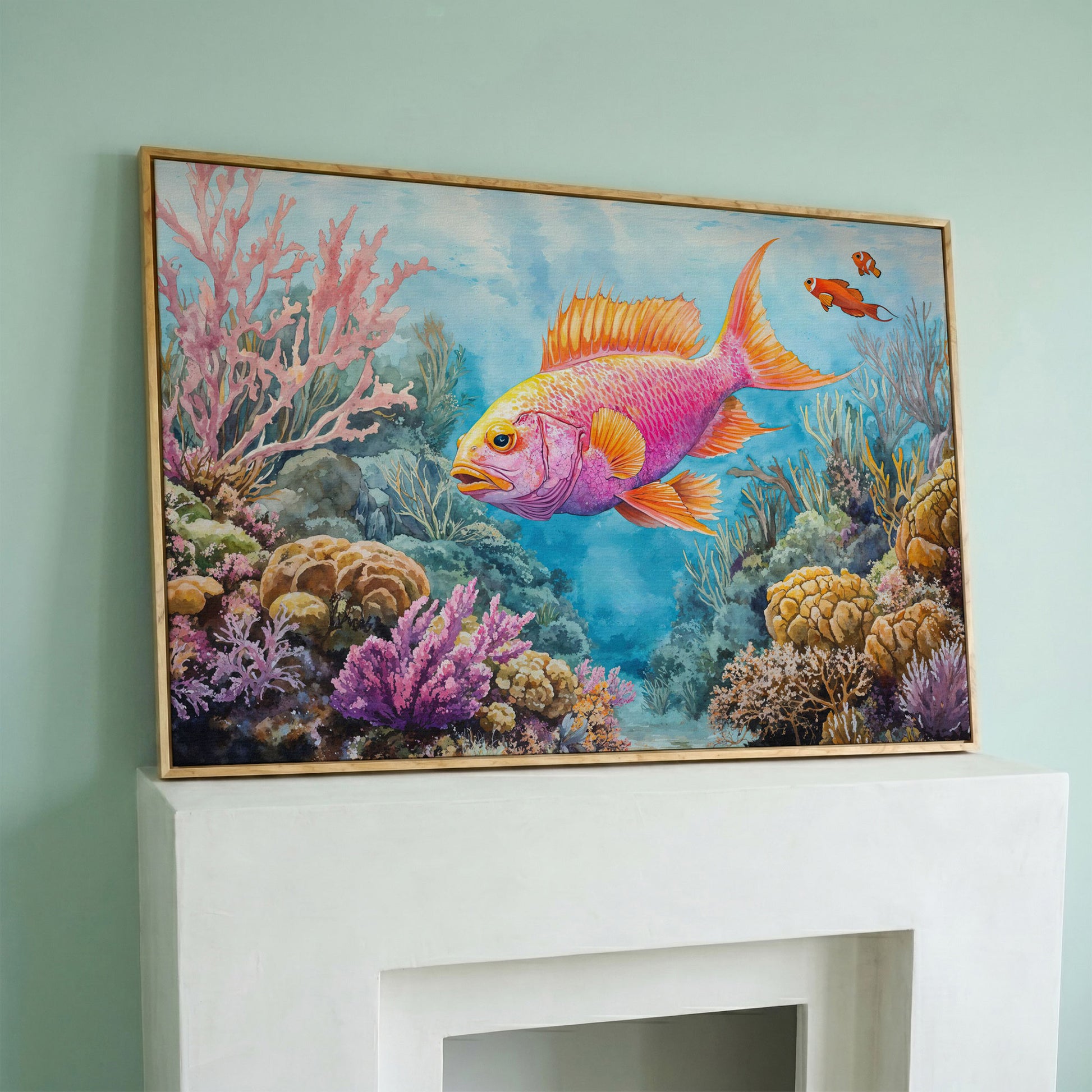 Tropical Fish and Coral Reef Underwater Canvas Wall Art in white oak floating frame