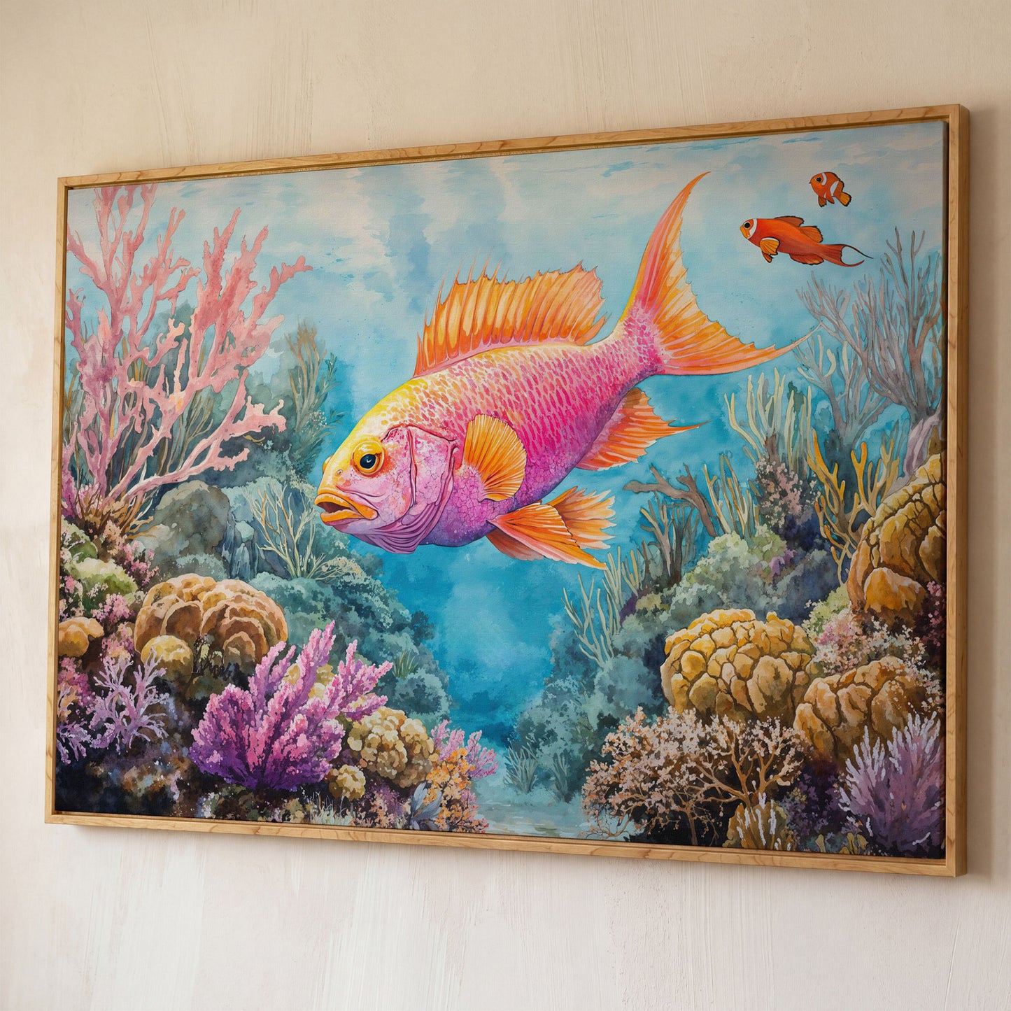 Tropical Fish and Coral Reef Underwater Canvas Wall Art shown in white oak floating frame