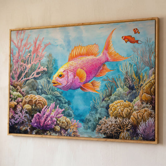 Tropical Fish and Coral Reef Underwater Canvas Wall Art shown in white oak floating frame